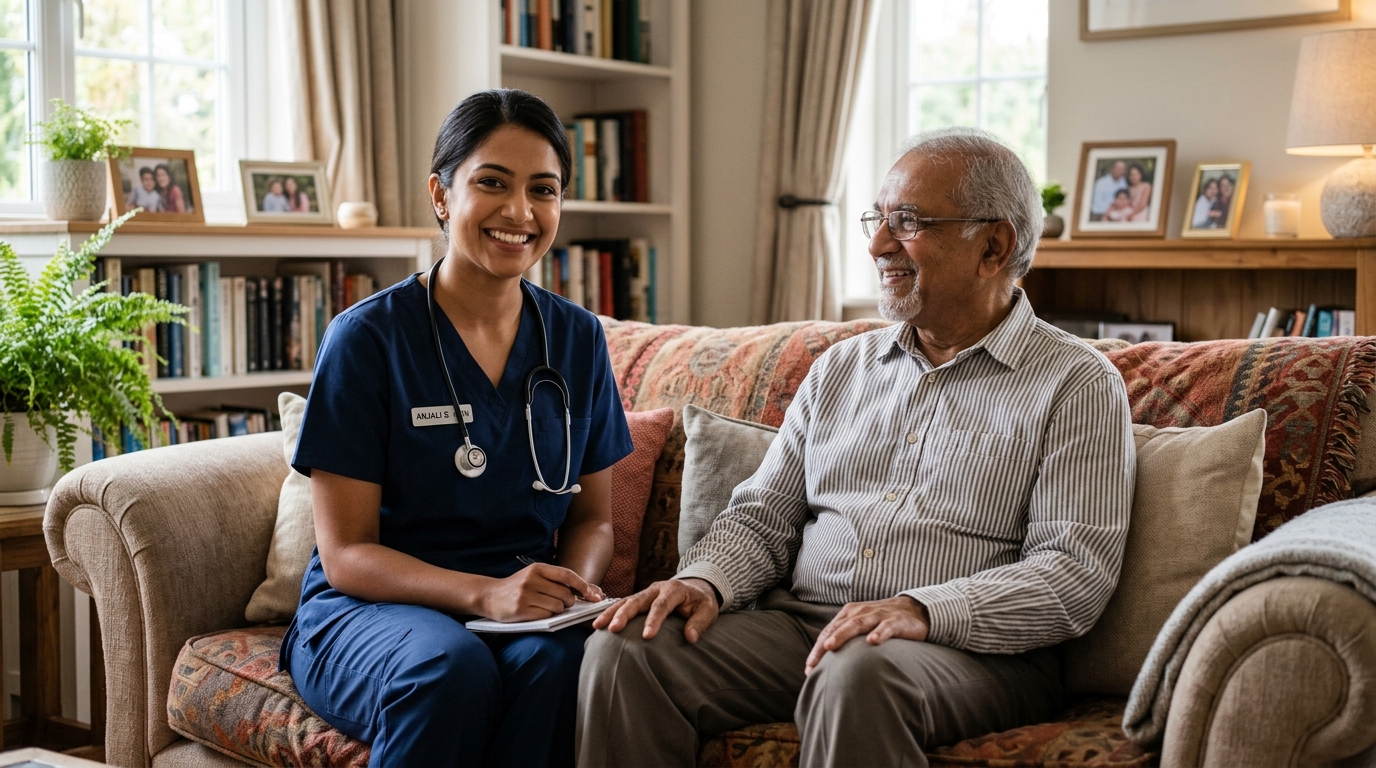 An ApnoKeSaath companion spending time with an elderly woman at home